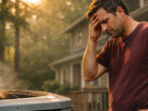 A stressed homeowner standing outside a suburban Atlanta house, looking at a broken air conditioning unit