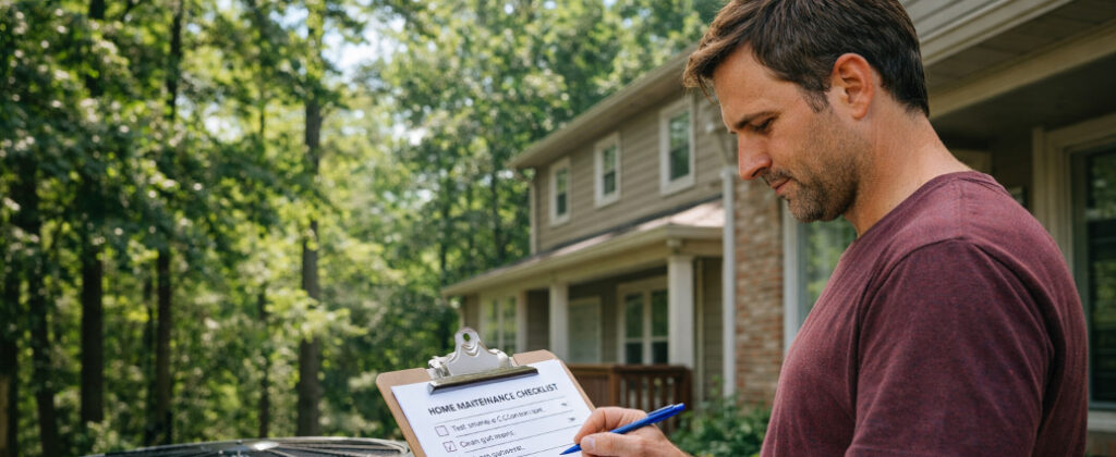 Homeowner reviewing a home maintenance checklist next to an outdoor HVAC unit at an Atlanta home to avoid expensive emergency repairs.