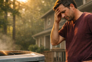 A stressed homeowner standing outside a suburban Atlanta house, looking at a broken air conditioning unit