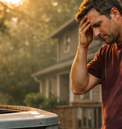 A stressed homeowner standing outside a suburban Atlanta house, looking at a broken air conditioning unit