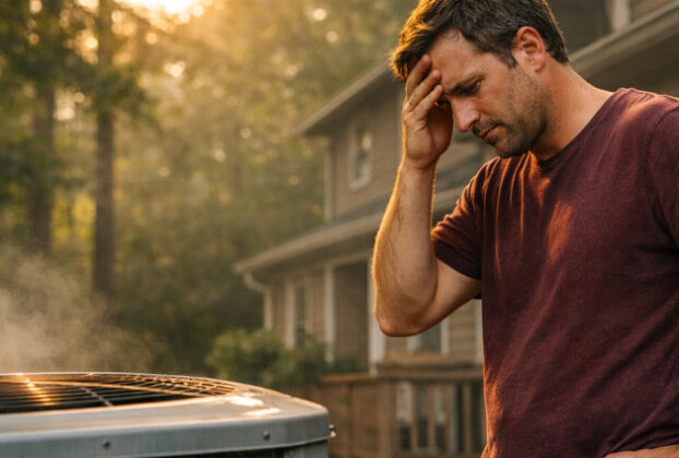 A stressed homeowner standing outside a suburban Atlanta house, looking at a broken air conditioning unit