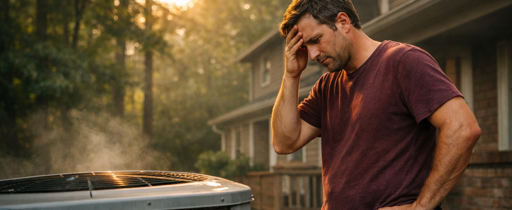 A stressed homeowner standing outside a suburban Atlanta house, looking at a broken air conditioning unit
