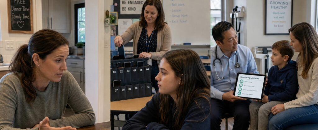 Parent discussing screen time rules with a teenager at home while a teacher and pediatrician support healthy digital habits in school and healthcare settings based on the new surgeon general advisory.