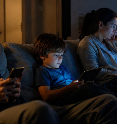 Family members sitting together in a living room at night while each person uses a different digital device, illustrating concerns about excessive screen time and digital disconnection in modern households.