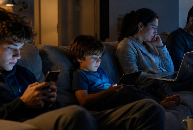 Family members sitting together in a living room at night while each person uses a different digital device, illustrating concerns about excessive screen time and digital disconnection in modern households.