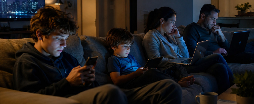 Family members sitting together in a living room at night while each person uses a different digital device, illustrating concerns about excessive screen time and digital disconnection in modern households.