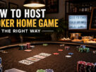 Friends gathered around a poker table during a home poker game with chips, playing cards, and drinks in a comfortable game room.