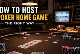 Friends gathered around a poker table during a home poker game with chips, playing cards, and drinks in a comfortable game room.