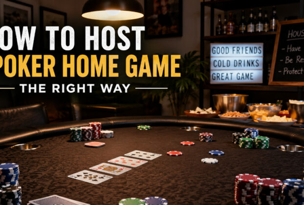 Friends gathered around a poker table during a home poker game with chips, playing cards, and drinks in a comfortable game room.