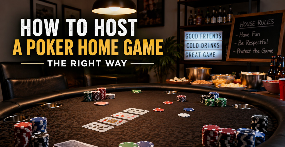 Friends gathered around a poker table during a home poker game with chips, playing cards, and drinks in a comfortable game room.