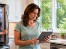 Homeowner reviewing information on a tablet while an appliance repair technician diagnoses a stainless steel refrigerator in a modern Sandy Springs kitchen, illustrating informed appliance decisions, repairability, and home appliance maintenance.