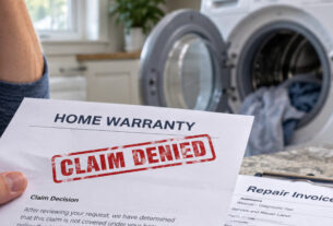 Homeowner reviewing a denied home warranty claim next to a broken washing machine and repair invoice in a modern laundry room.