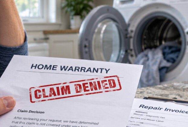 Homeowner reviewing a denied home warranty claim next to a broken washing machine and repair invoice in a modern laundry room.