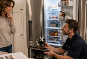 Appliance repair technician explaining a refrigerator repair to an Alpharetta homeowner in a modern kitchen, highlighting the cost savings of repairing instead of replacing a broken appliance.