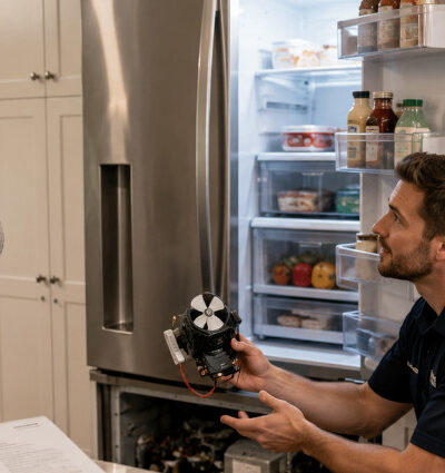 Appliance repair technician explaining a refrigerator repair to an Alpharetta homeowner in a modern kitchen, highlighting the cost savings of repairing instead of replacing a broken appliance.