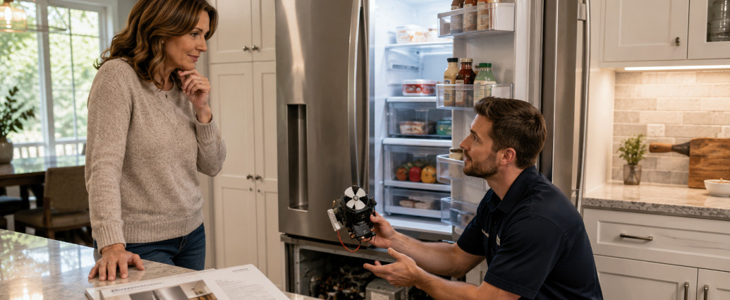 Appliance repair technician explaining a refrigerator repair to an Alpharetta homeowner in a modern kitchen, highlighting the cost savings of repairing instead of replacing a broken appliance.