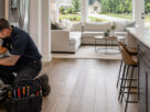Appliance repair technician inspecting a dishwasher in a modern new construction home in Braselton, Georgia.